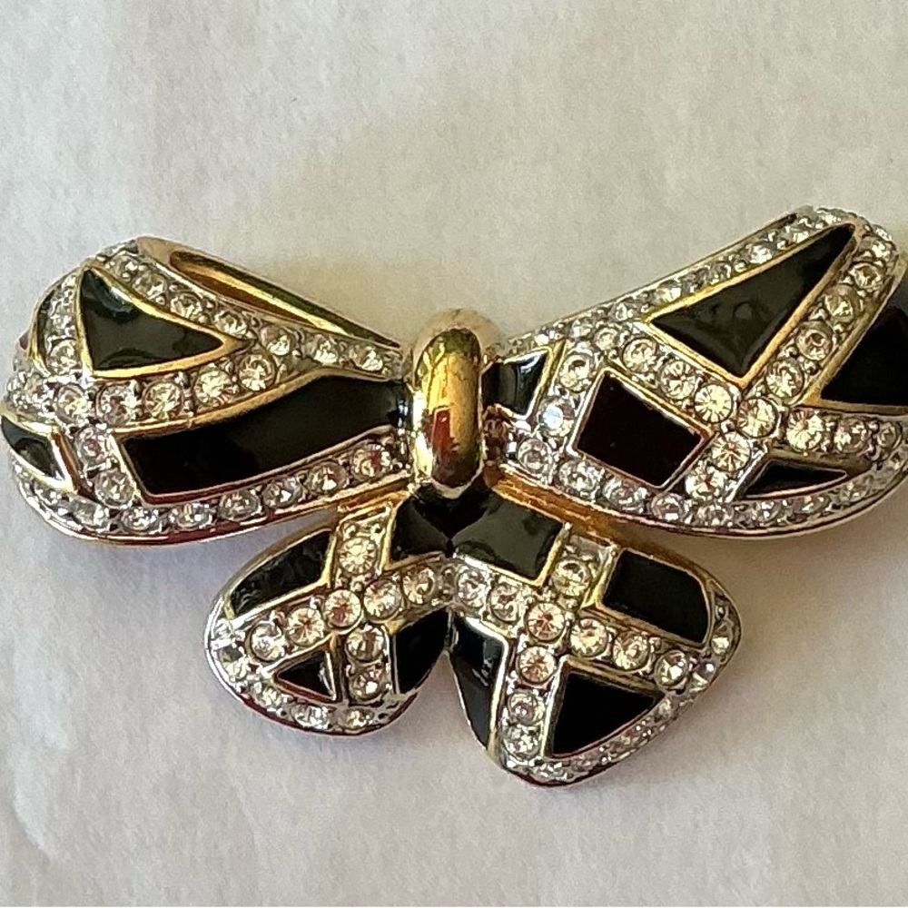 Vintage Elegant Black and Gold Signed Butler Gold and Rhinestone Bow Tie
